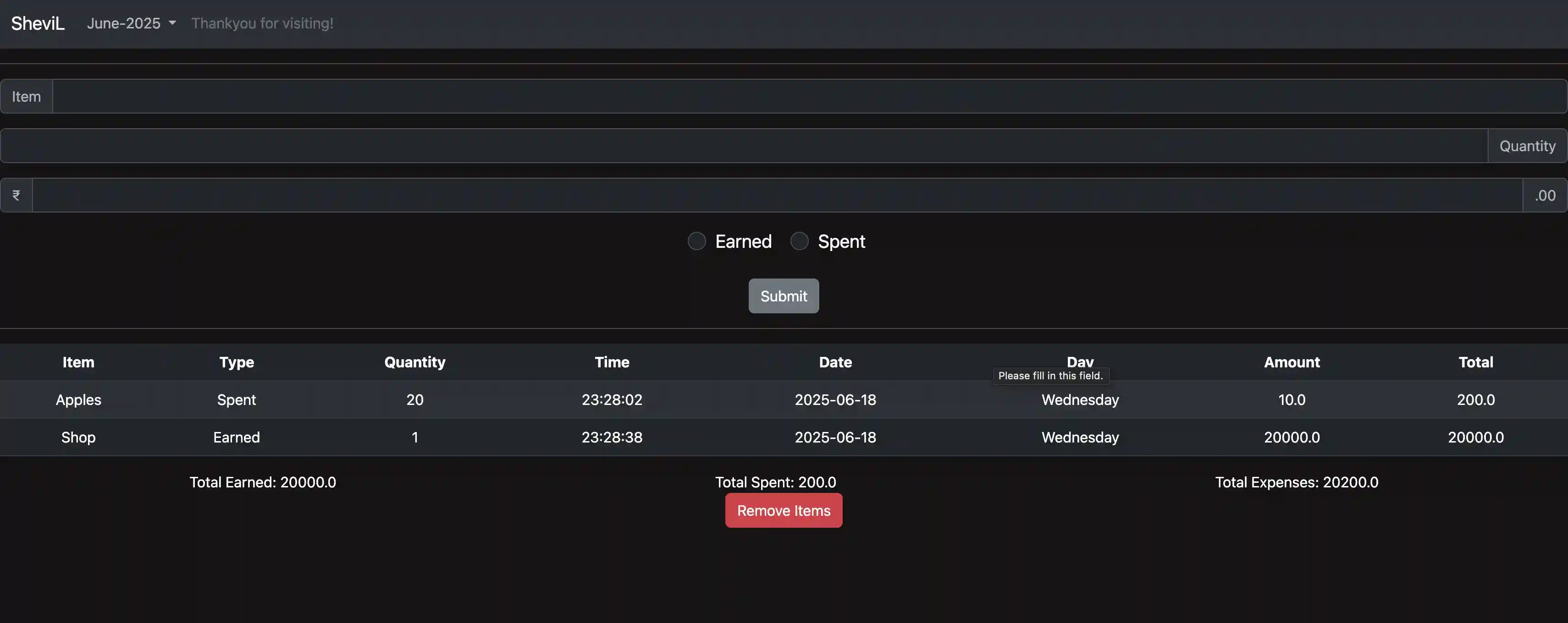 Screenshot of Expenses Tracker