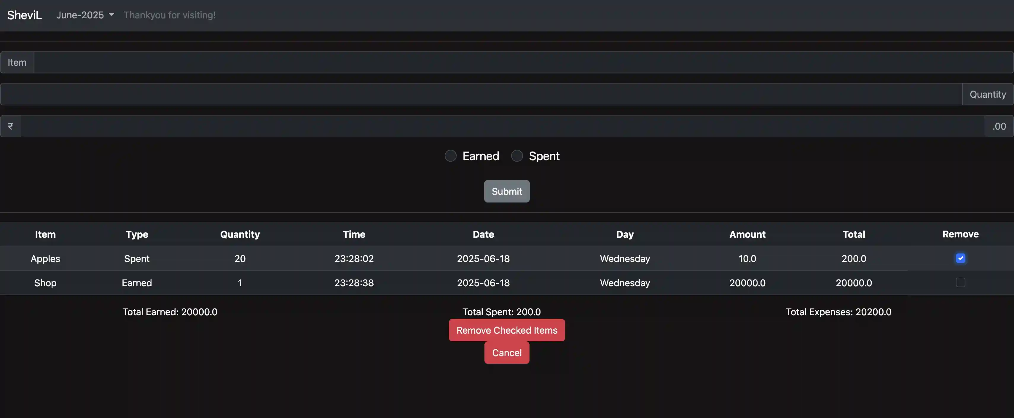 Screenshot of Expenses Tracker